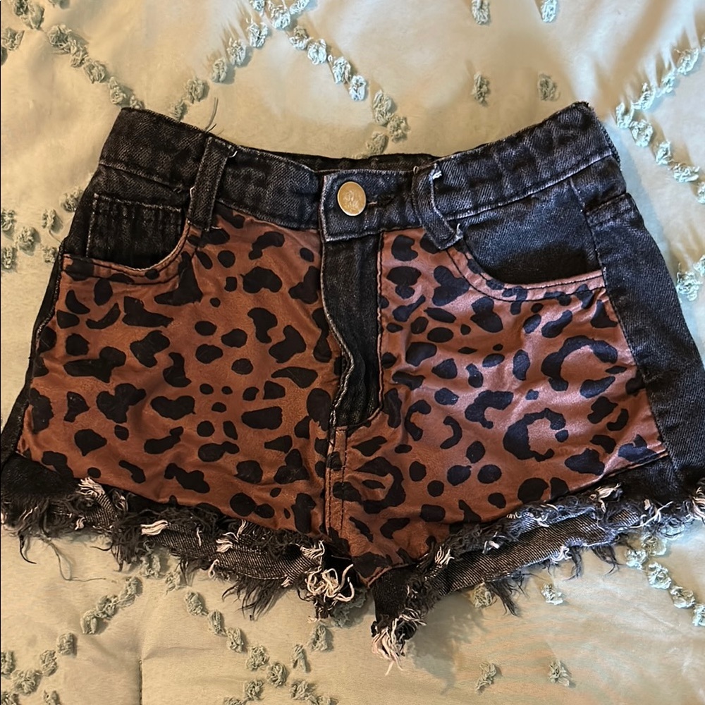 Leopard Print Denim Shorts